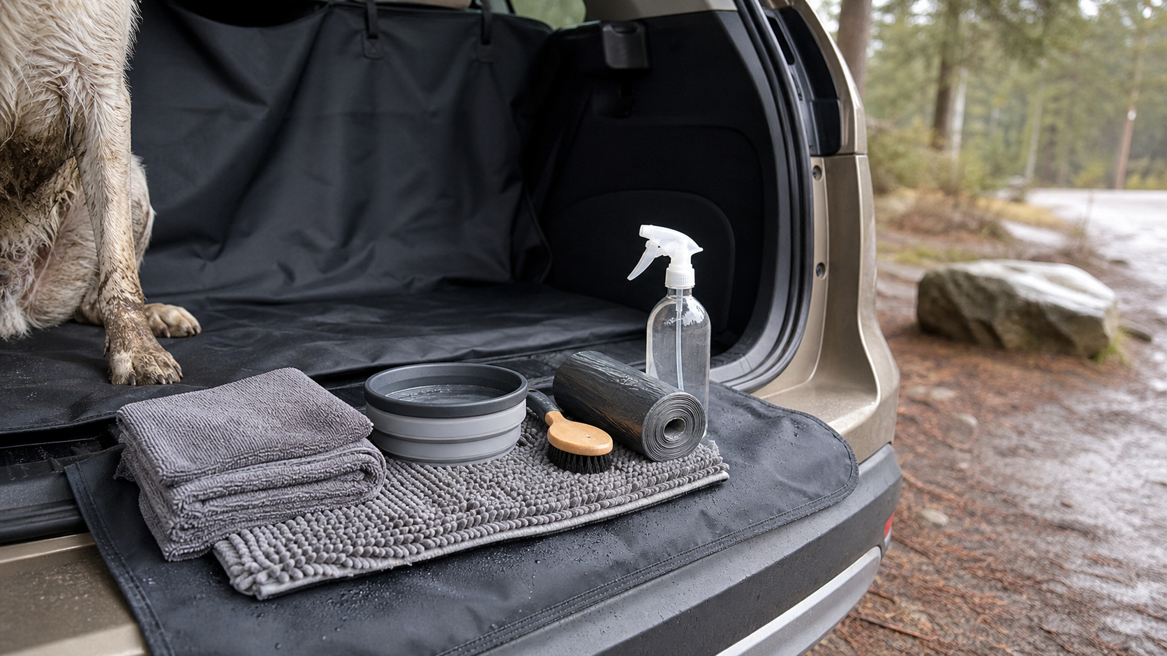Muddy dog car cleanup kit with towels, bowl, brush, waste bags, and spray bottle.