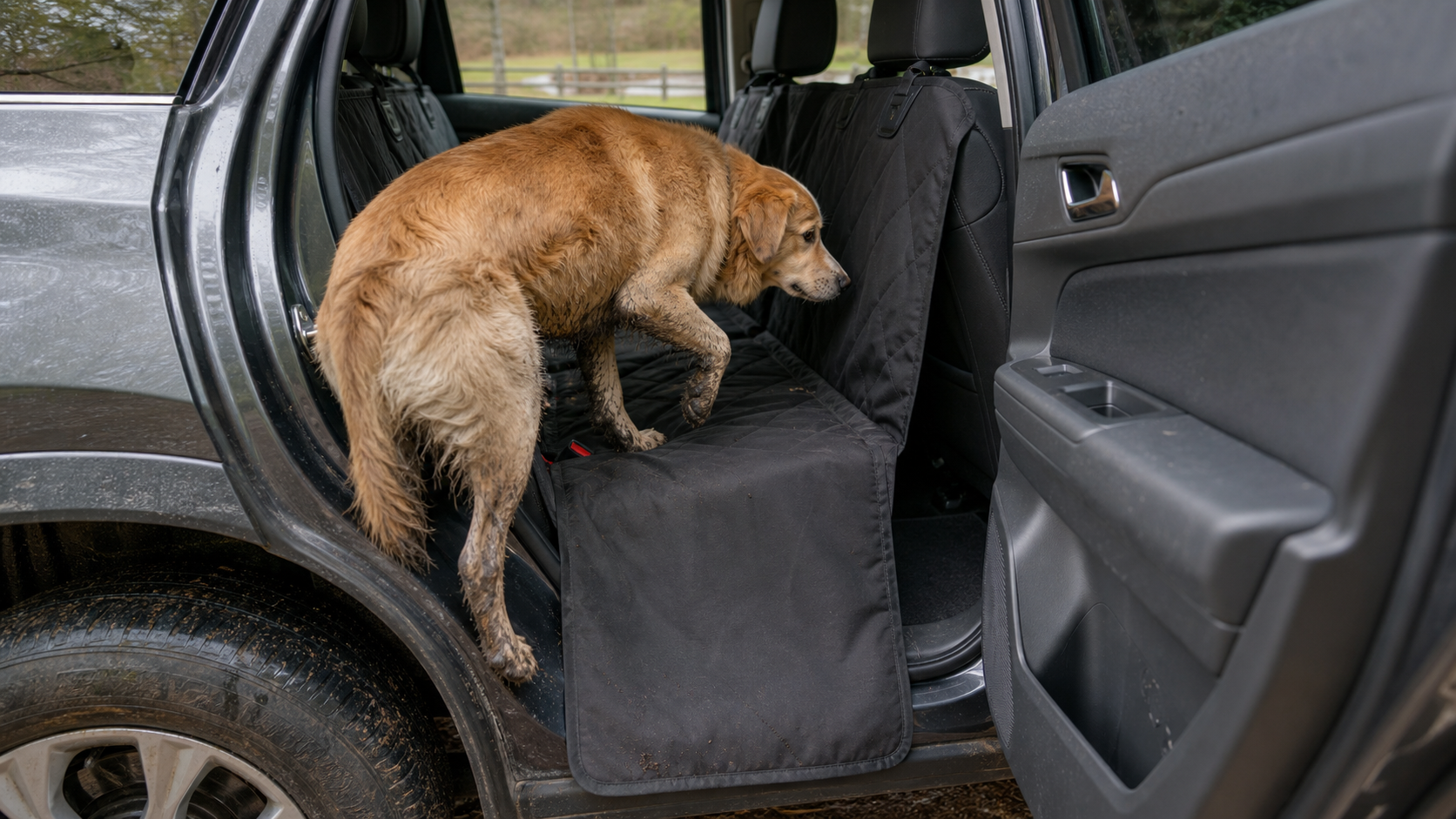 A muddy dog stepping into a car hammock with a side flap protecting the seat edge.