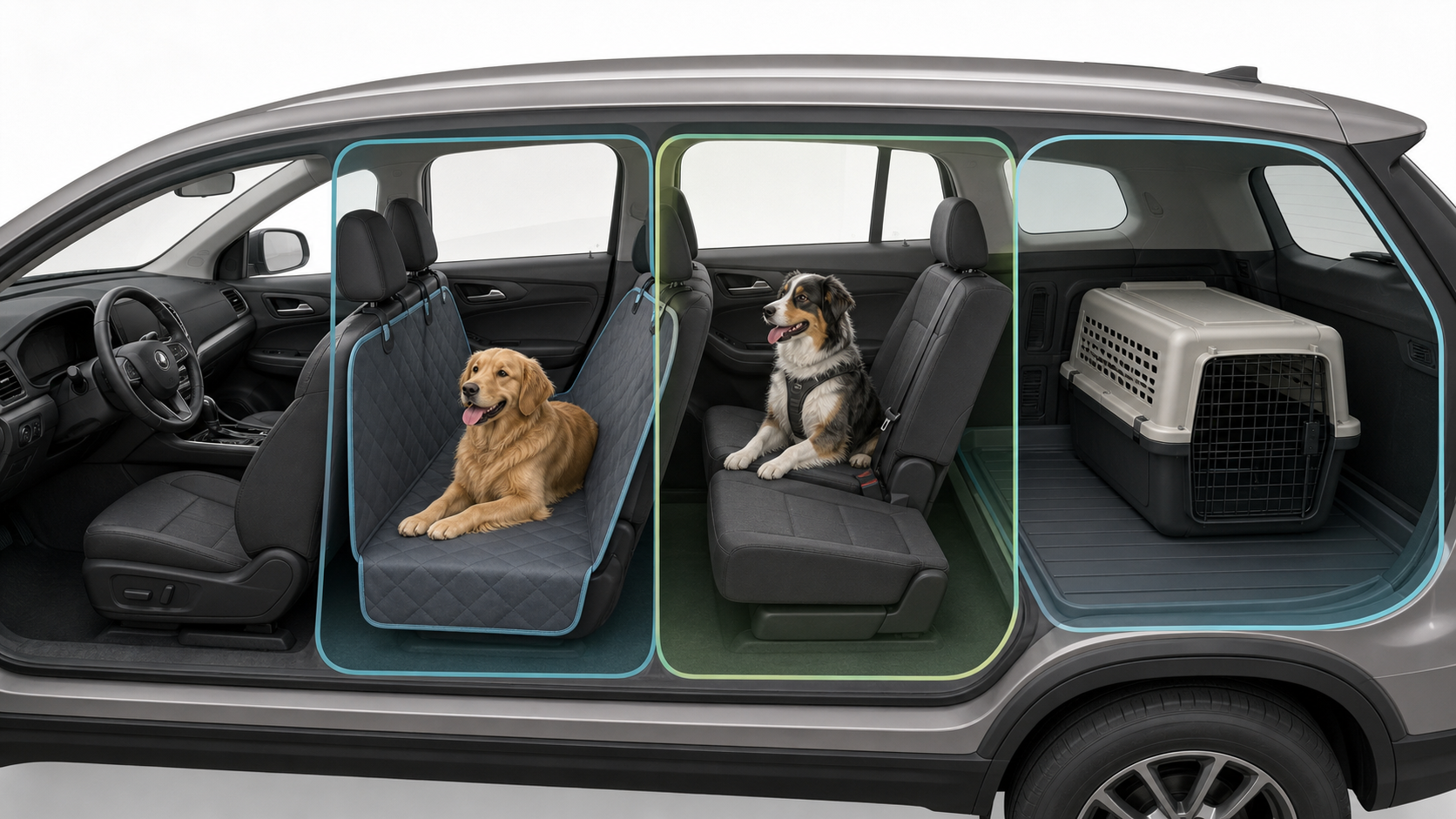 SUV riding-zone chooser showing a back-seat cover, half-seat rider, and cargo-area crate option.