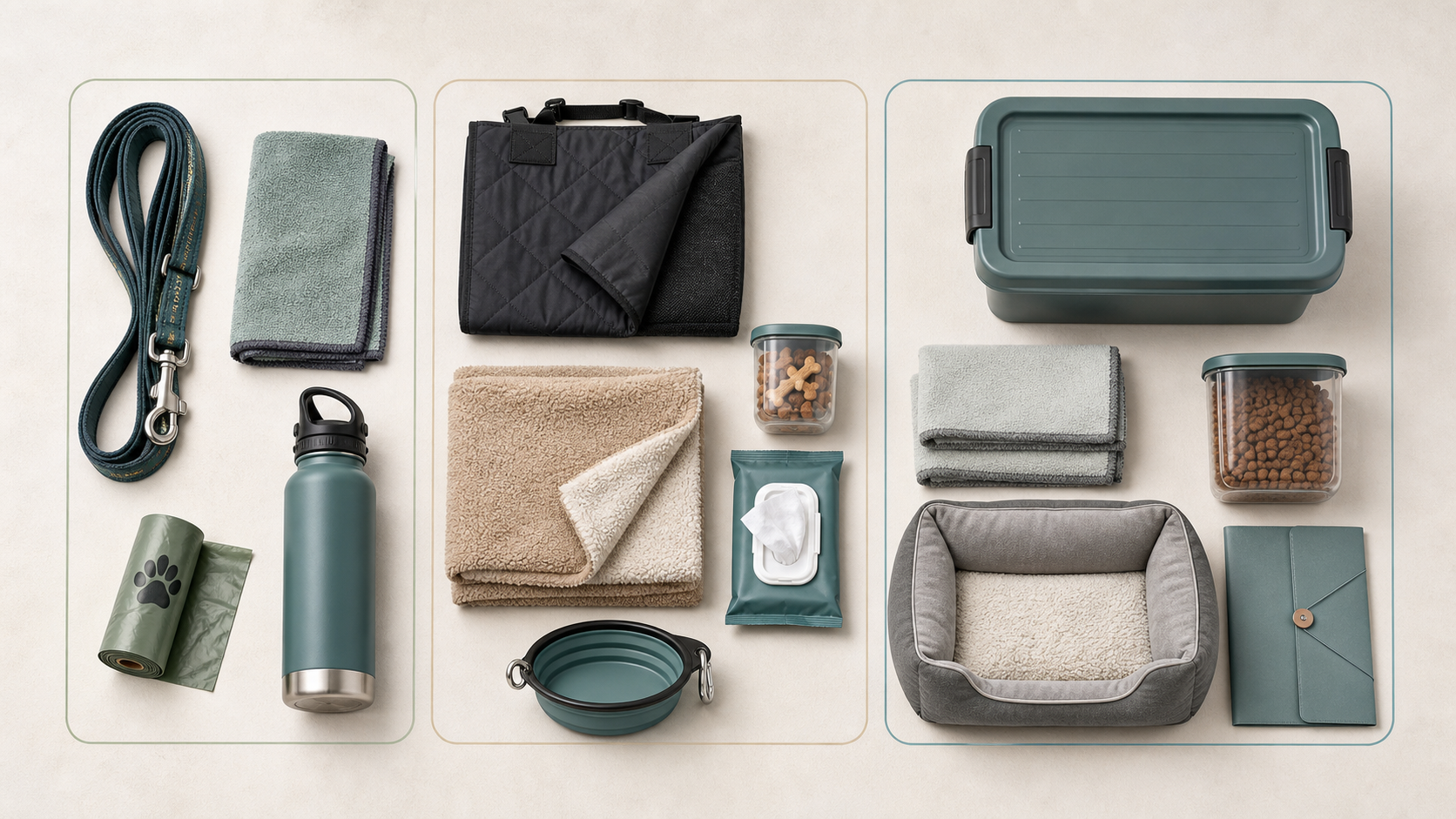 Three grouped dog road-trip packing kits for a short drive, weekend trip, and multi-day trip.