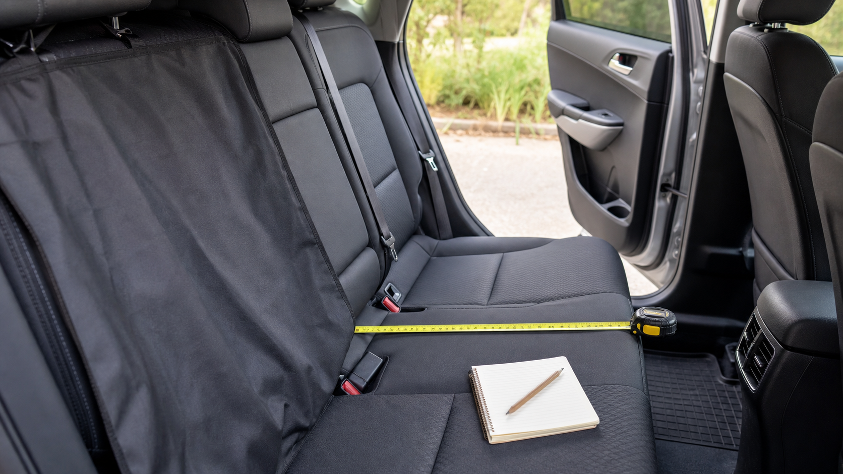 Measuring the back seat of an SUV before choosing a dog seat cover.