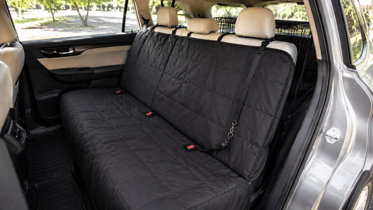 Back seat dog cover and restraint strap setup in an SUV.