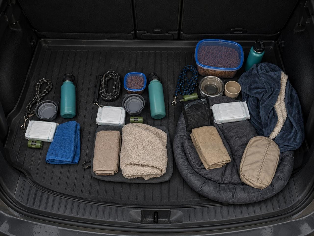 Dog road-trip packing kit laid out in a car cargo area.