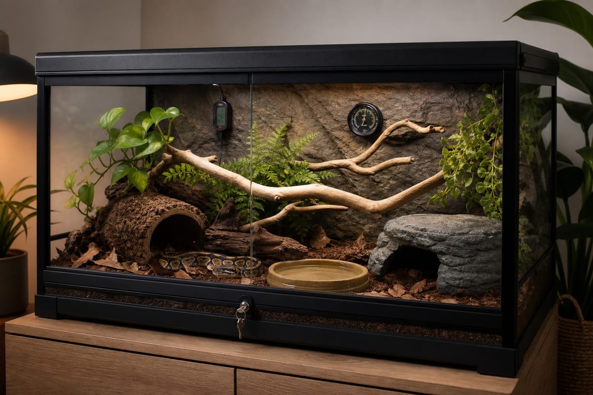 Secure front-opening snake terrarium with locking door, thermometer, hygrometer, water bowl, hides, branches, and clutter