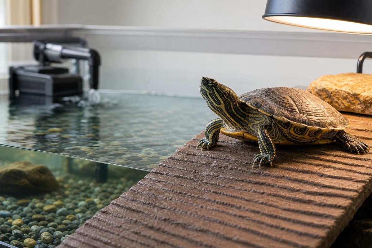 Aquatic turtle basking fully out of clean water on a dry dock with filter and basking lamp in a home aquarium setup