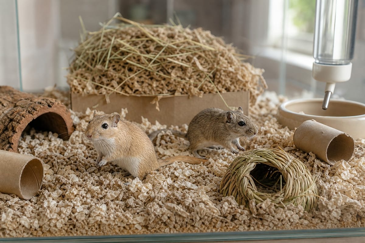 Two gerbils in a deep glass habitat with paper and aspen bedding, hay, cardboard tubes, and safe burrowing enrichment