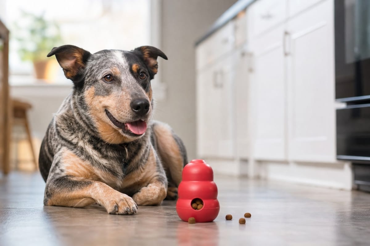 Dog lying beside a red treat-dispensing rubber toy on a kitchen floor