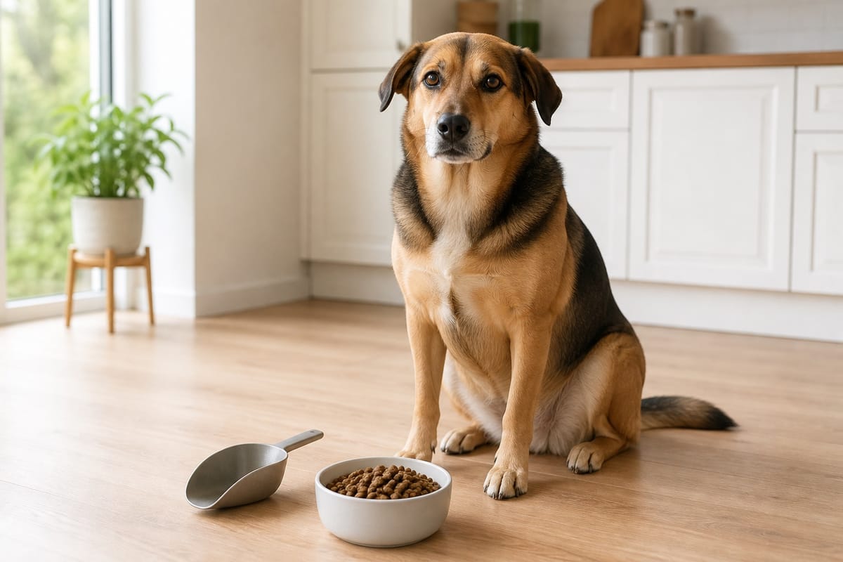 Dog sitting beside a bowl of kibble and an unbranded food scoop.