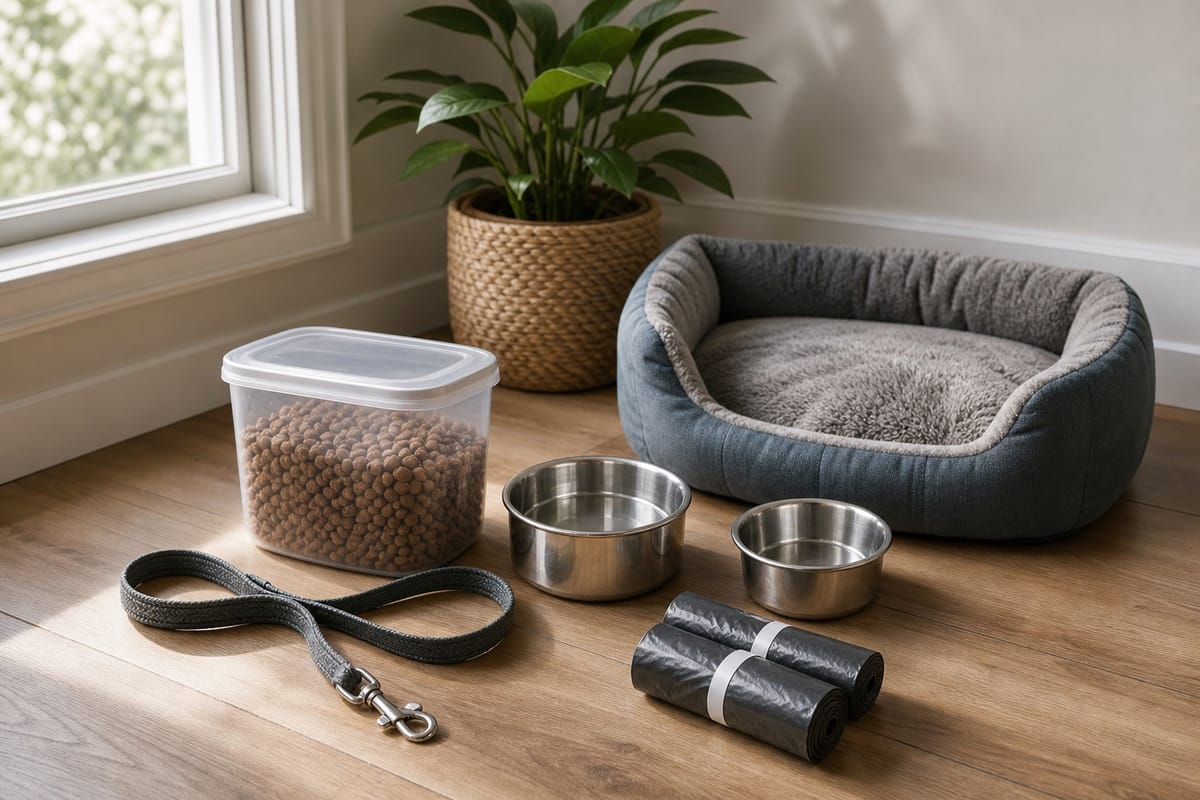 Reusable pet-care setup with food storage, bowls, leash, waste bags, washable bed, and houseplant near a bright window.