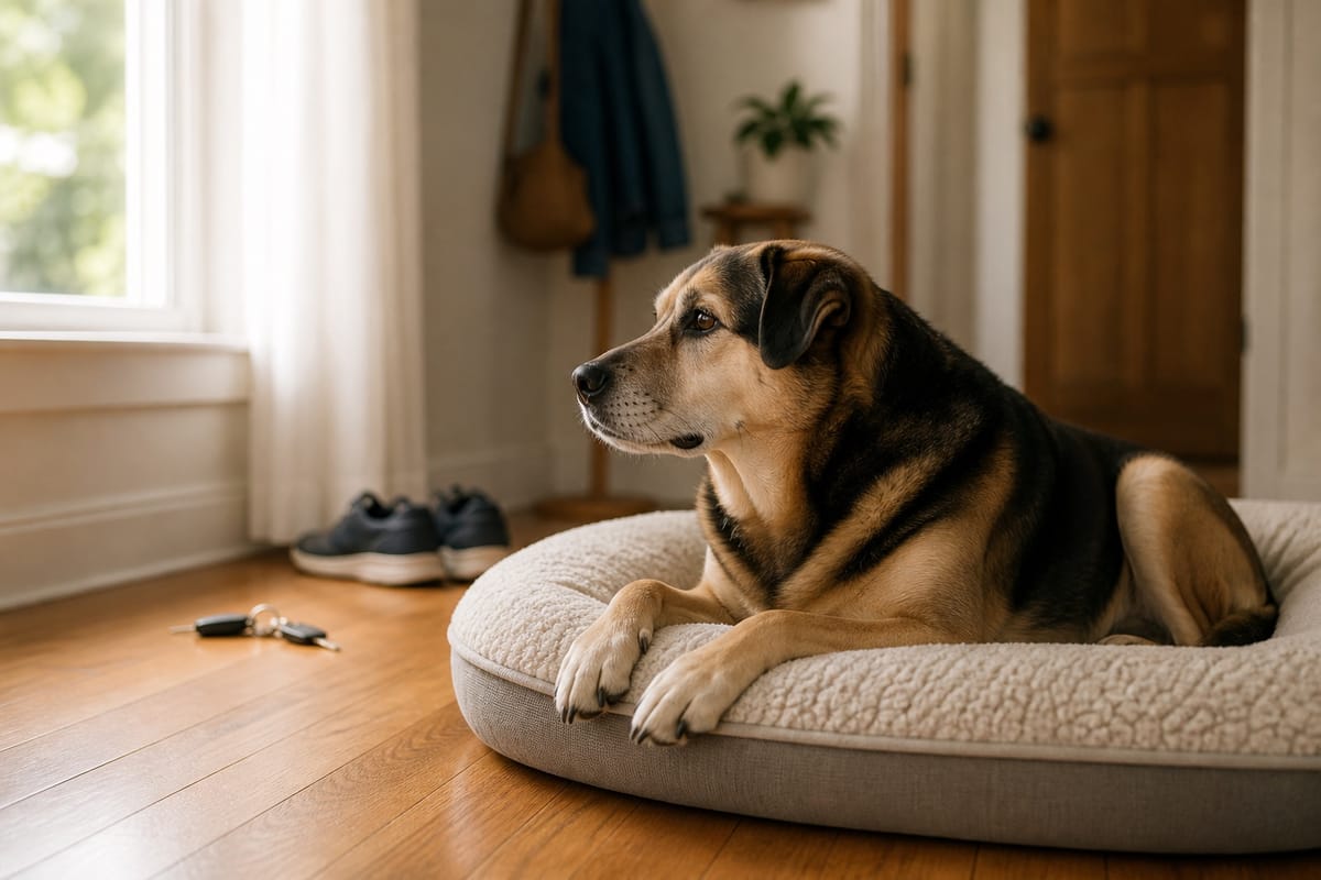 Calm dog resting on a bed near a window with keys and shoes nearby.