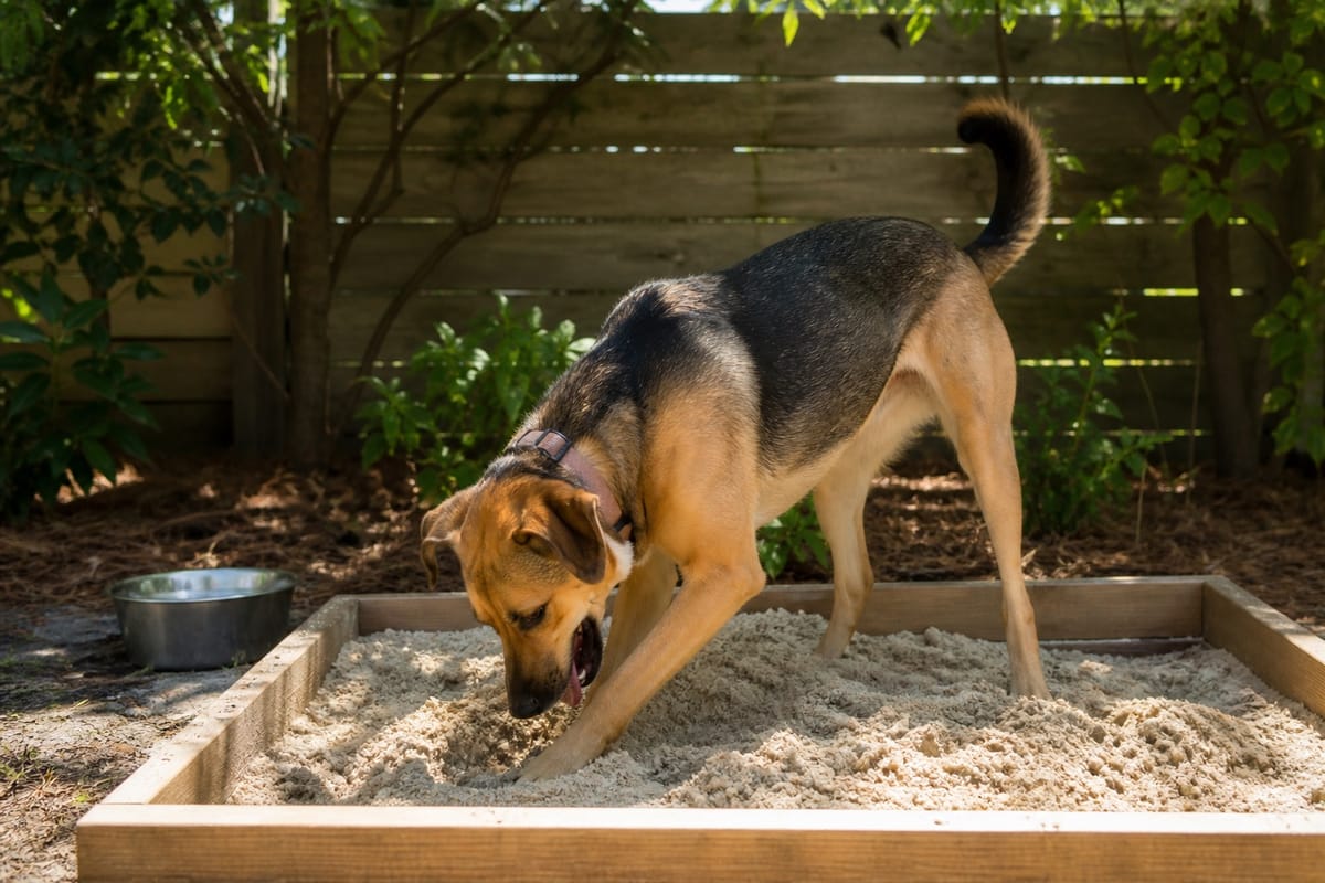 Dog digging happily in a backyard sandbox under shade.