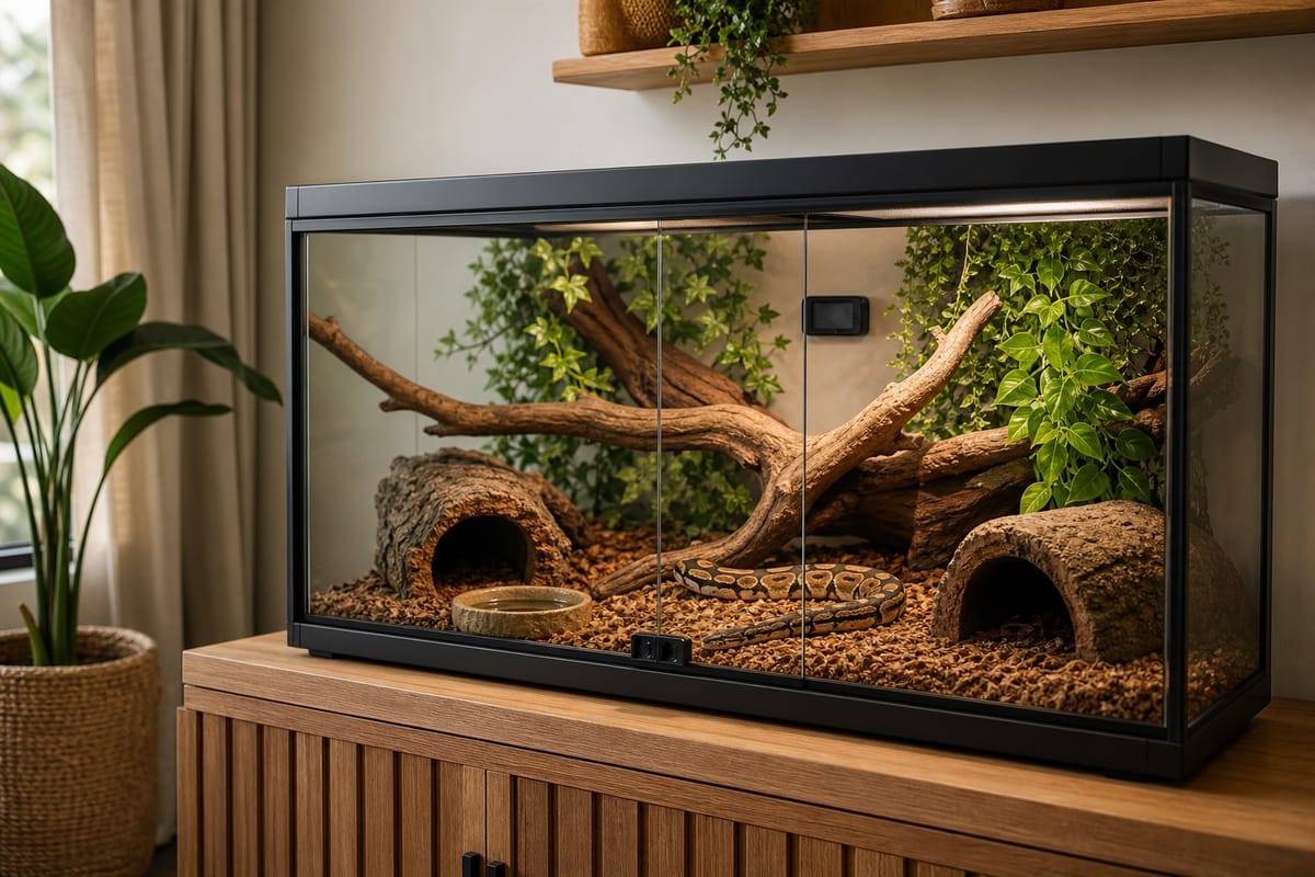 Front-opening pet snake terrarium with hides, branches, water bowl, substrate, and temperature monitoring