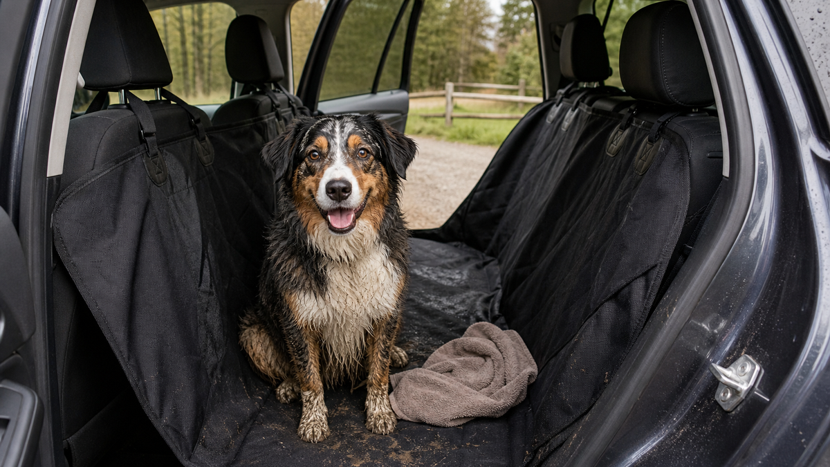 Muddy dog sitting on a waterproof car hammock in the back seat of an SUV.