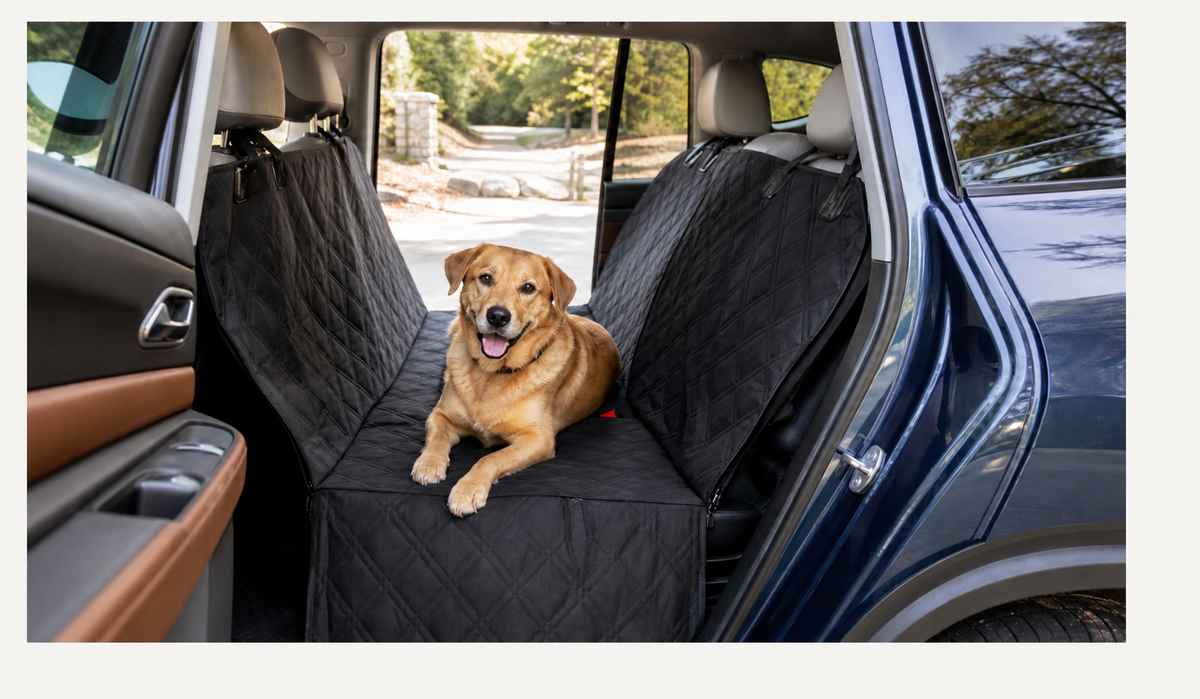 Dog sitting on a protected SUV back seat with a hammock-style dog seat cover.