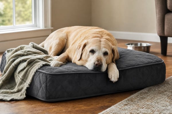 A senior yellow Labrador resting on a charcoal-grey memory foam dog bed in a sunlit living room