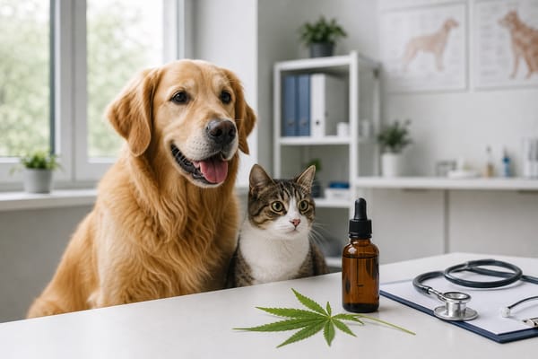 Dog and cat in a veterinary office near an unbranded dropper bottle and hemp leaf.