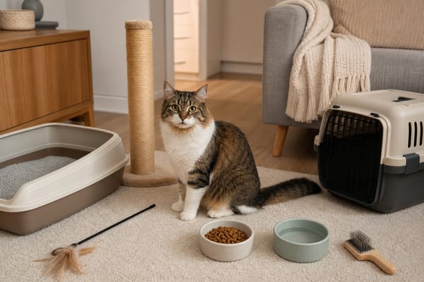 Calm cat with first-time owner supplies including litter box, scratching post, carrier, food, water, toy, and grooming brush