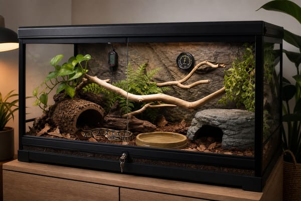 Secure front-opening snake terrarium with locking door, thermometer, hygrometer, water bowl, hides, branches, and clutter