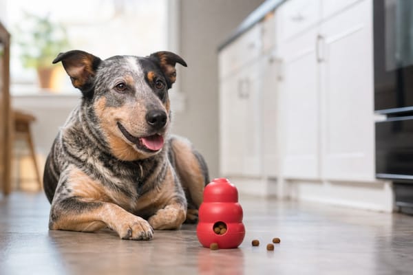 Dog lying beside a red treat-dispensing rubber toy on a kitchen floor