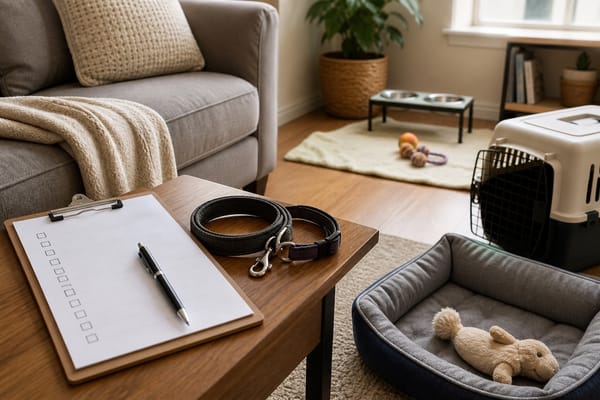 Adoption preparation checklist, leash, bowls, carrier, and pet bed in a quiet living room.