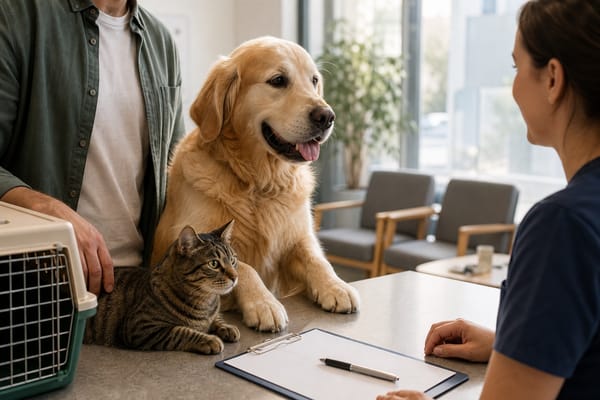 Dog and cat at a veterinary checkout counter with a clipboard and pet carrier.