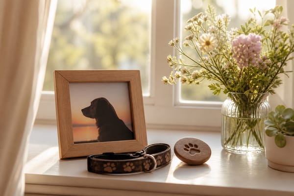 Pet memorial with a framed dog photo, collar, paw-print keepsake, and flowers on a windowsill.