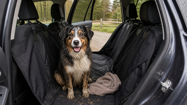 Muddy dog sitting on a waterproof car hammock in the back seat of an SUV.